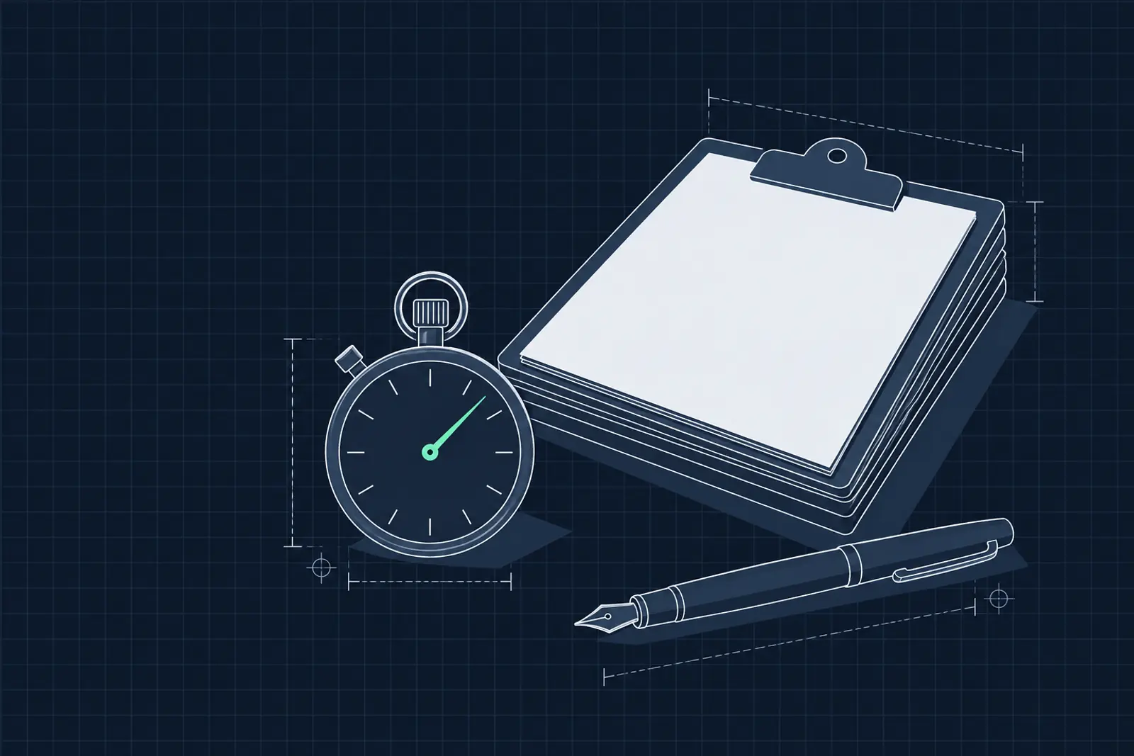 Illustratie van een stopwatch, een stapel klemborden met urenbriefjes en een vulpen, in donker-technische stijl