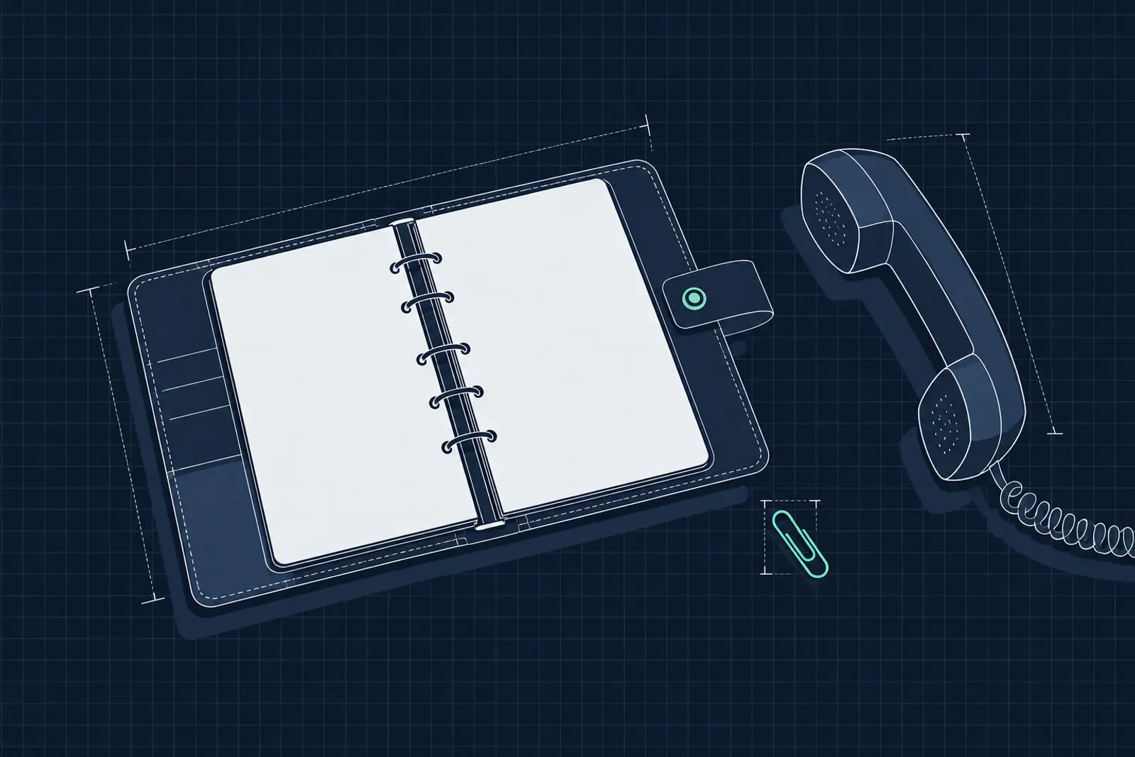 Illustratie van een opengeslagen leren agenda, een paperclip en een telefoonhoorn, in donker-technische stijl