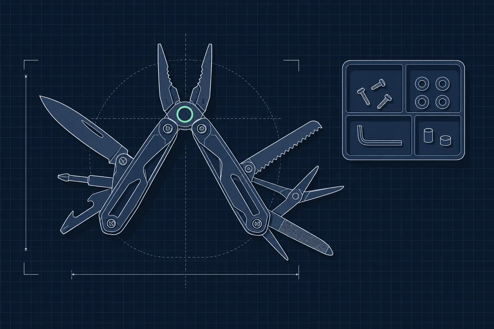 Illustratie van een multitool met alle onderdelen uitgeklapt naast een bakje met kleine onderdelen, in donker-technische stijl