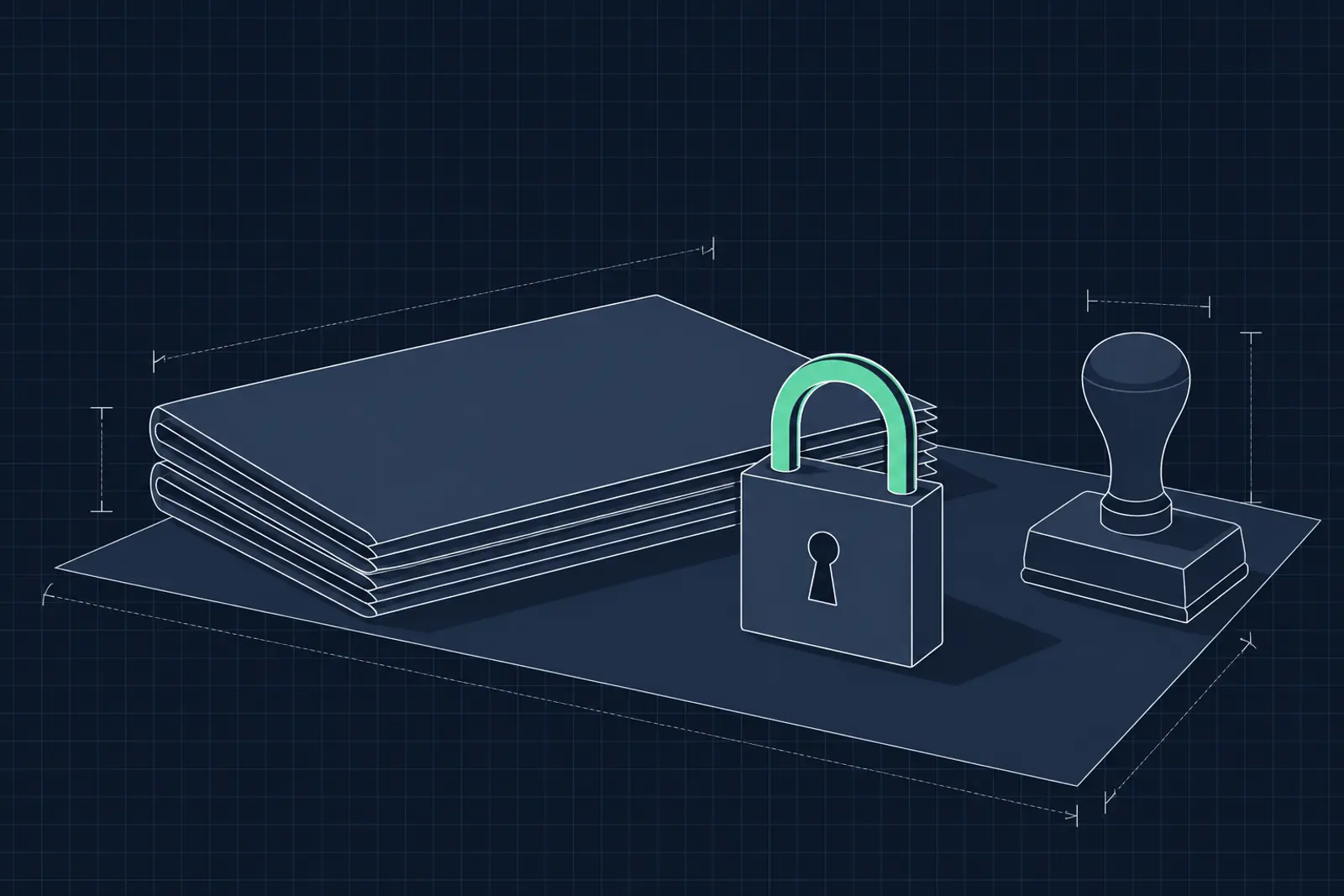 Illustratie van een gesloten hangslot, een stapel opgevouwen documenten en een stempel, in donker-technische stijl