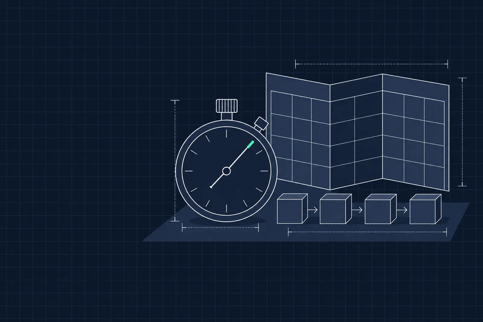 Illustratie van een stopwatch, een opgevouwen blanco wandplanner en een rij houten blokjes, in donker-technische stijl