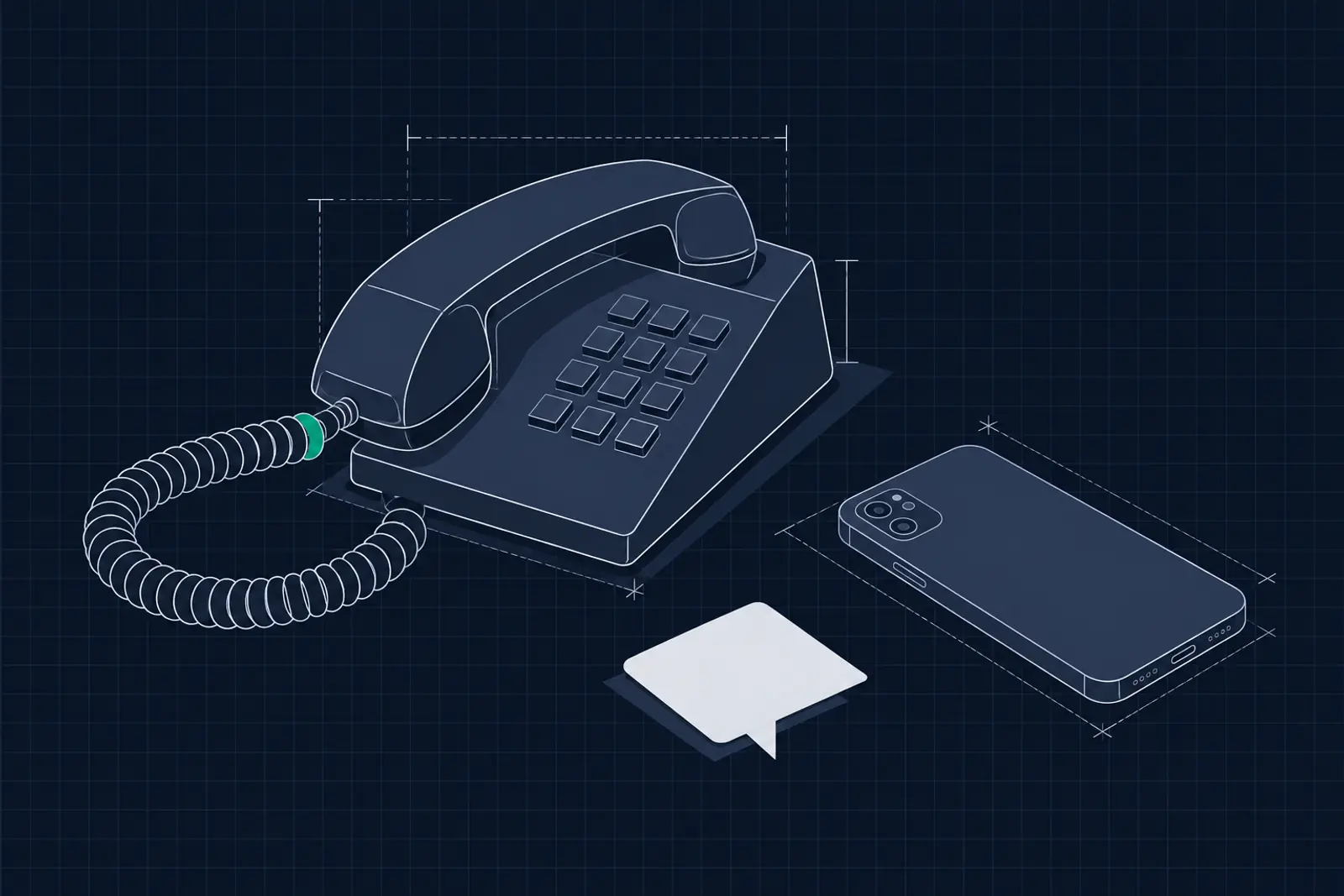 Illustratie van een telefoonhoorn met krulsnoer, een telefoon en een leeg tekstballonvormig kaartje, in donker-technische stijl