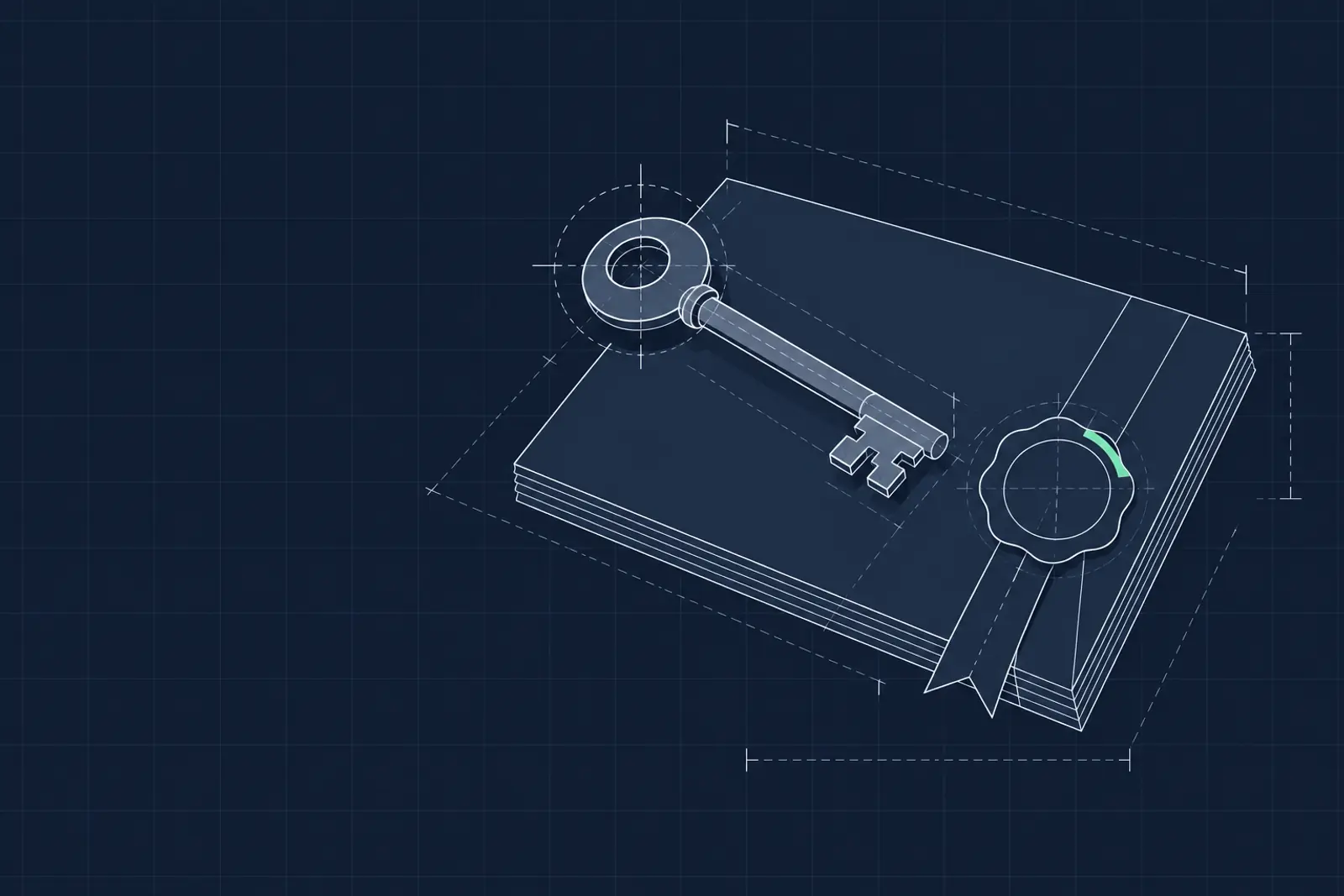 Illustratie van een sleutel op een ingebonden document met lakzegel en lint, in donker-technische stijl