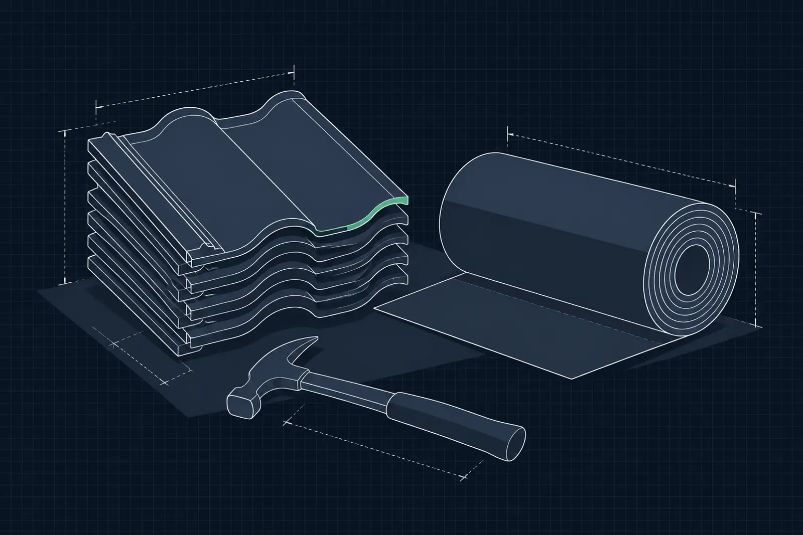 Illustratie van een stapel dakpannen, een dakdekkershamer en een rol dakbedekking, in donker-technische stijl