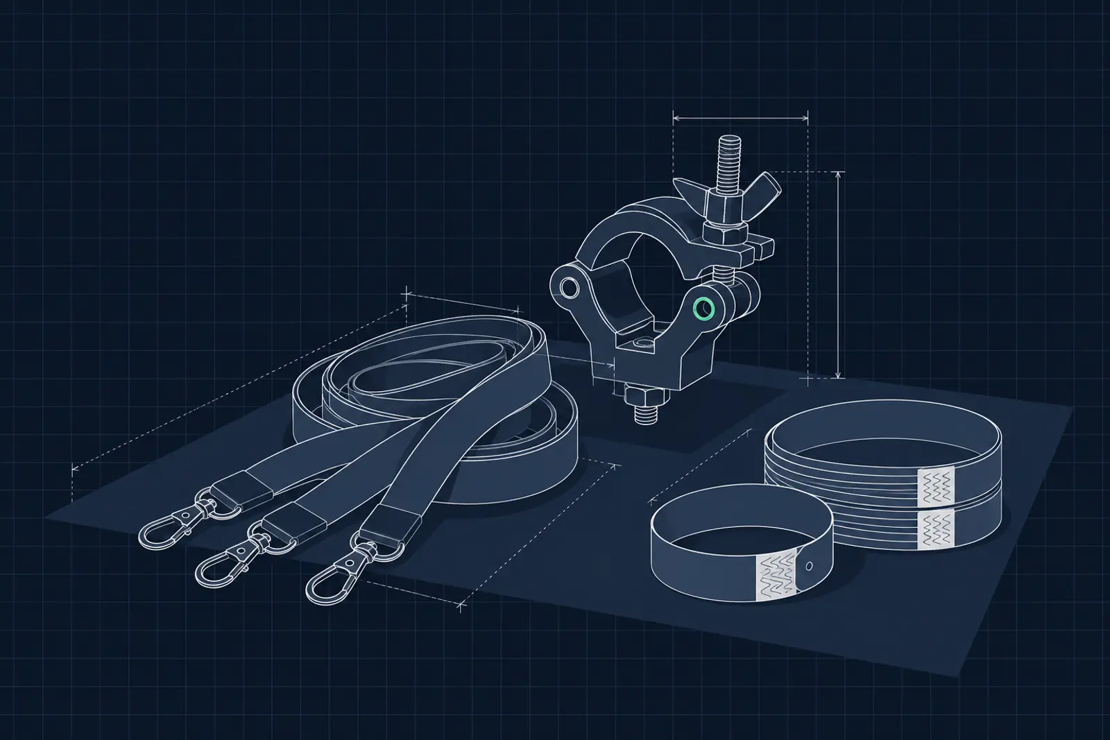 Illustratie van een rol keycords, een klem voor podiumverlichting en een stapel polsbandjes, in donker-technische stijl