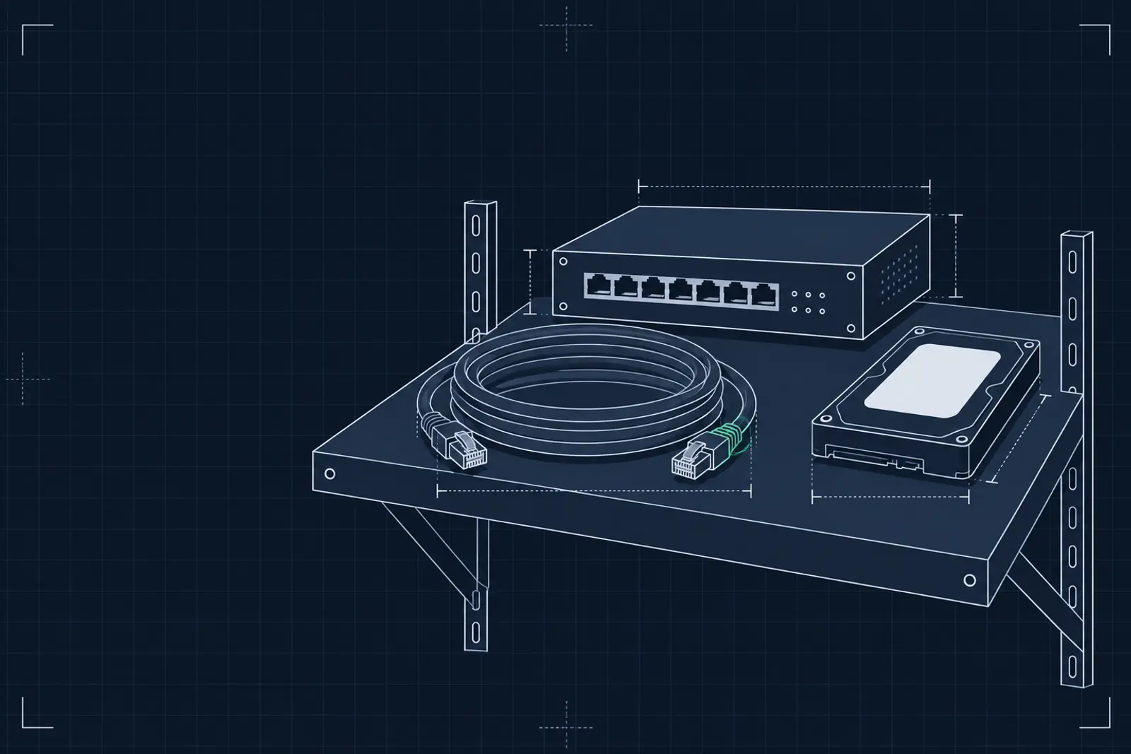 Illustratie van een opgerolde netwerkkabel, een switch en een harde schijf op een metalen plank, in donker-technische stijl