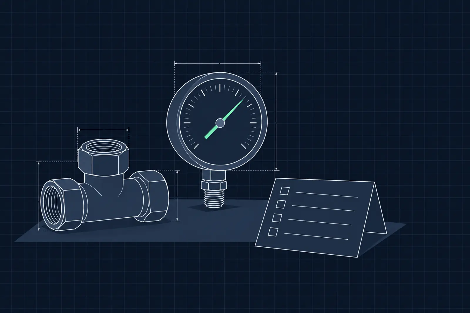 Illustratie van een leidingkoppeling, een drukmeter en een opgevouwen werkbon, in donker-technische stijl