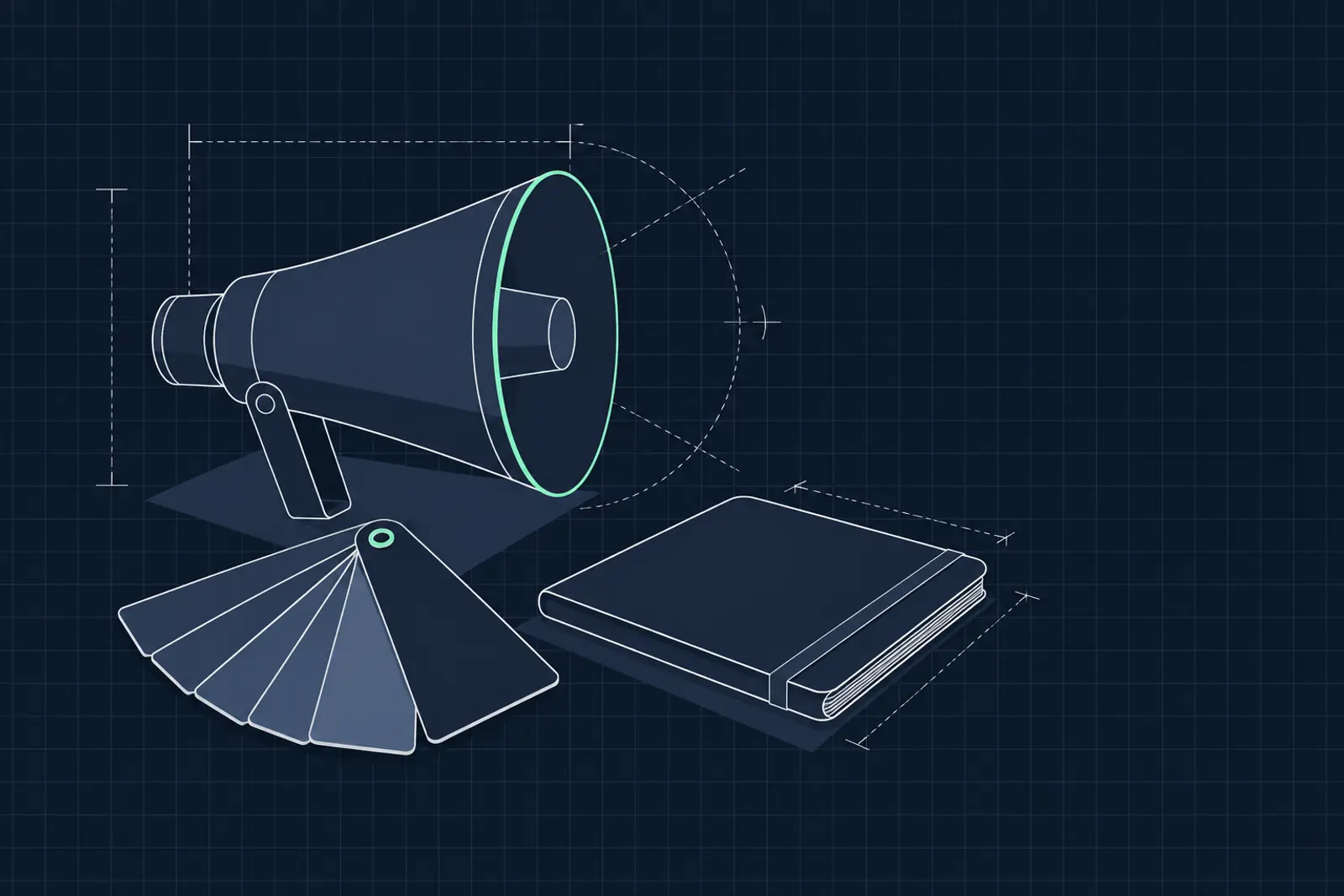Illustratie van een megafoon, een uitgewaaierde kleurenwaaier en een dichtgeslagen notitieboek, in donker-technische stijl
