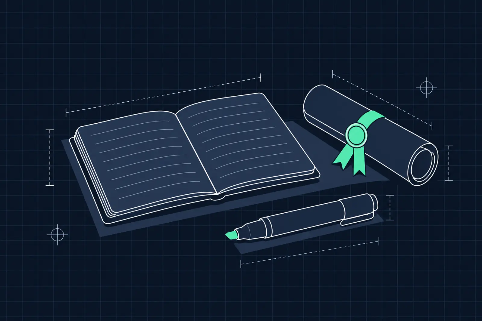 Illustratie van een opengeslagen notitieboek, een whiteboardstift en een opgerold certificaat met lint, in donker-technische stijl