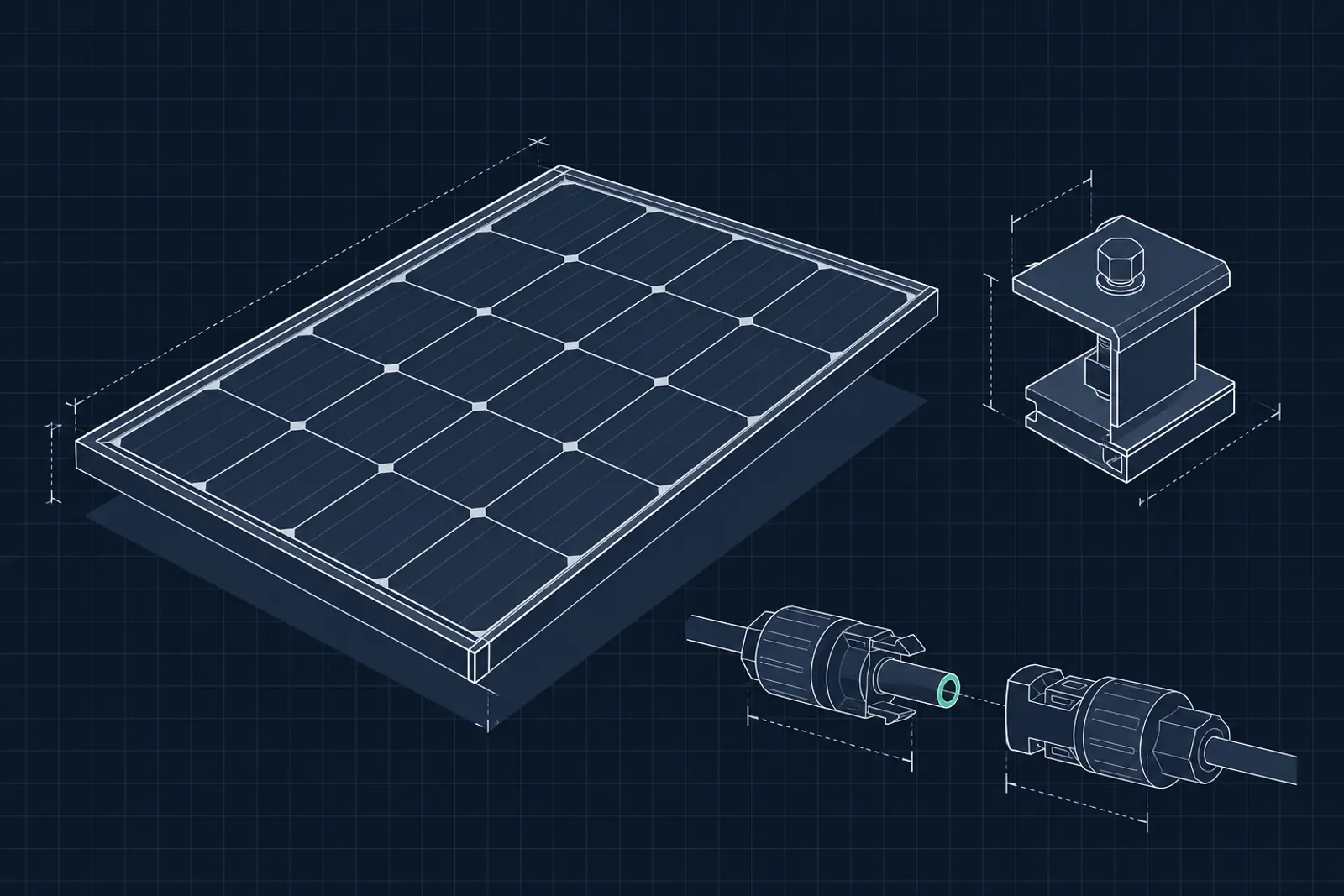 Illustratie van een stuk zonnepaneel, een montageklem en een kabelconnector, in donker-technische stijl
