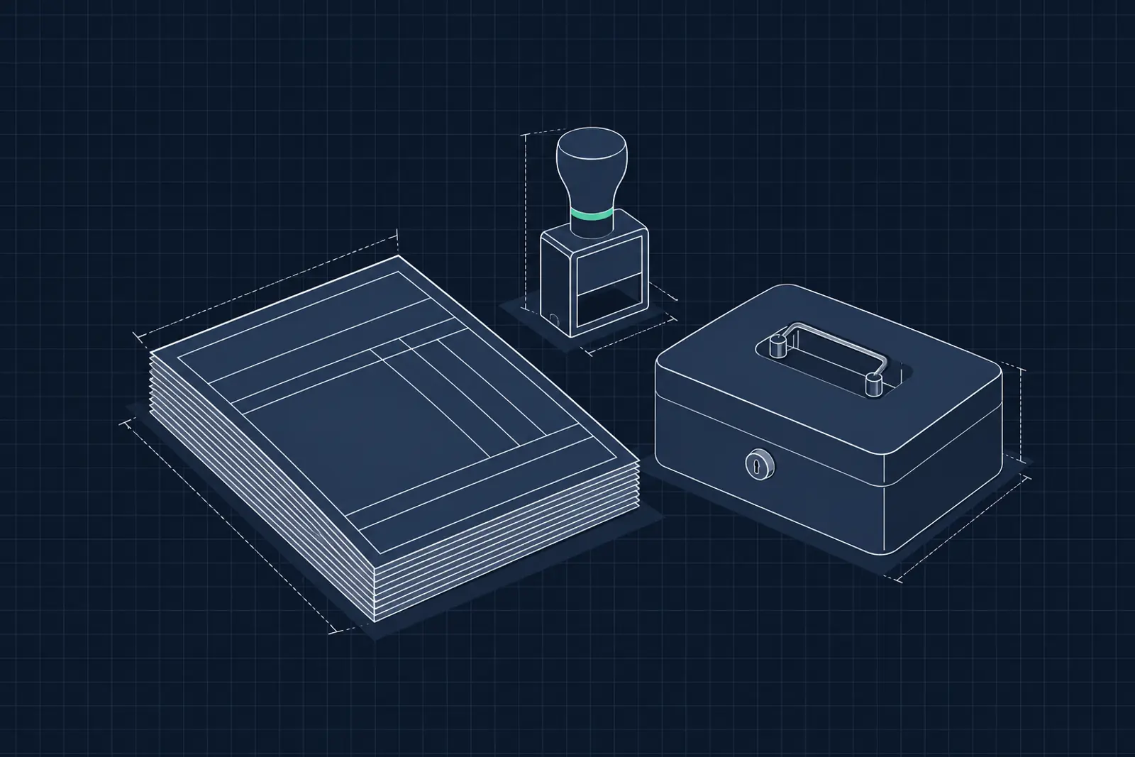 Illustratie van een stapel blanco facturen, een datumstempel en een metalen geldkistje, in donker-technische stijl