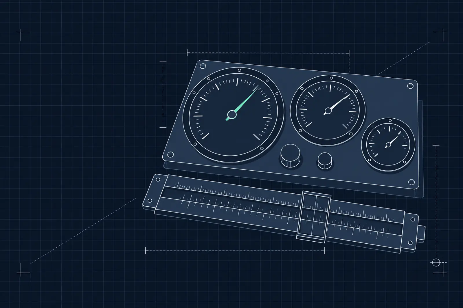 Illustratie van een groep analoge meters en een rekenliniaal op geborsteld metaal, in donker-technische stijl