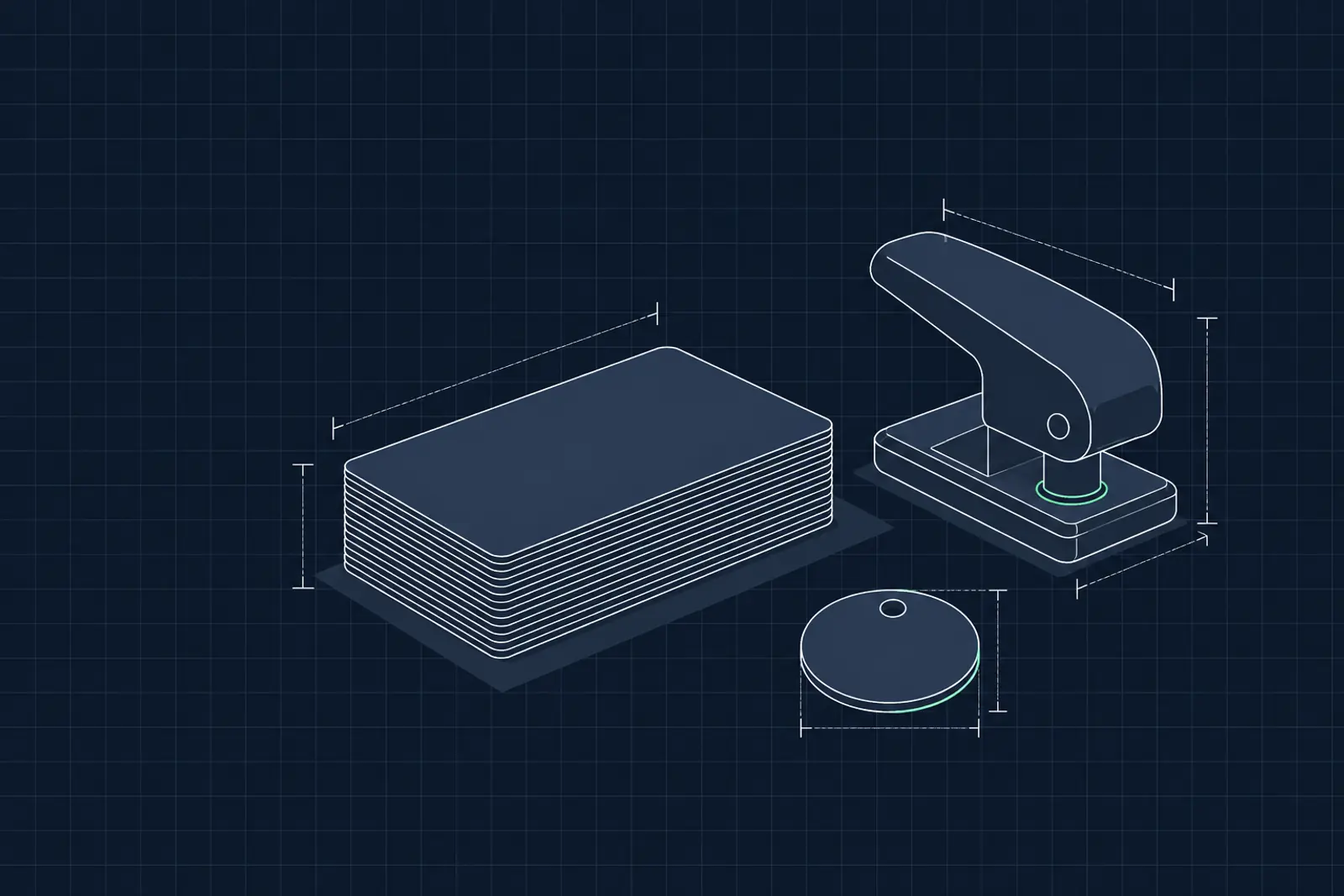 Illustratie van een stapel blanco lidmaatschapspassen, een perforator en een garderobemunt, in donker-technische stijl