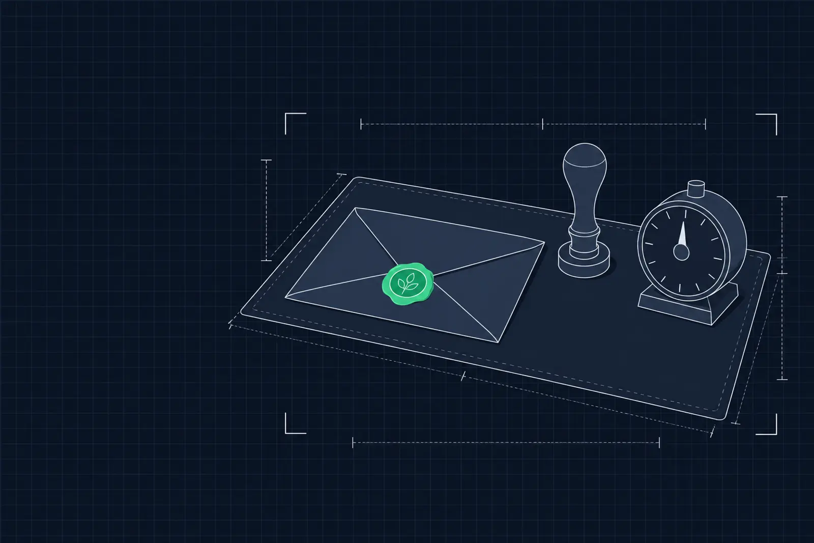 Illustratie van een gesloten envelop, een lakstempel en een mechanische tafeltimer, in donker-technische stijl