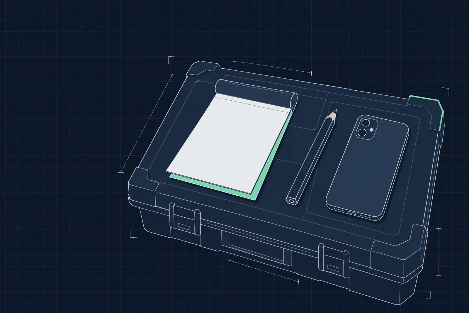 Illustratie van een blanco bonnenboekje, een timmermanspotlood en een telefoon op een gereedschapskist, in donker-technische stijl
