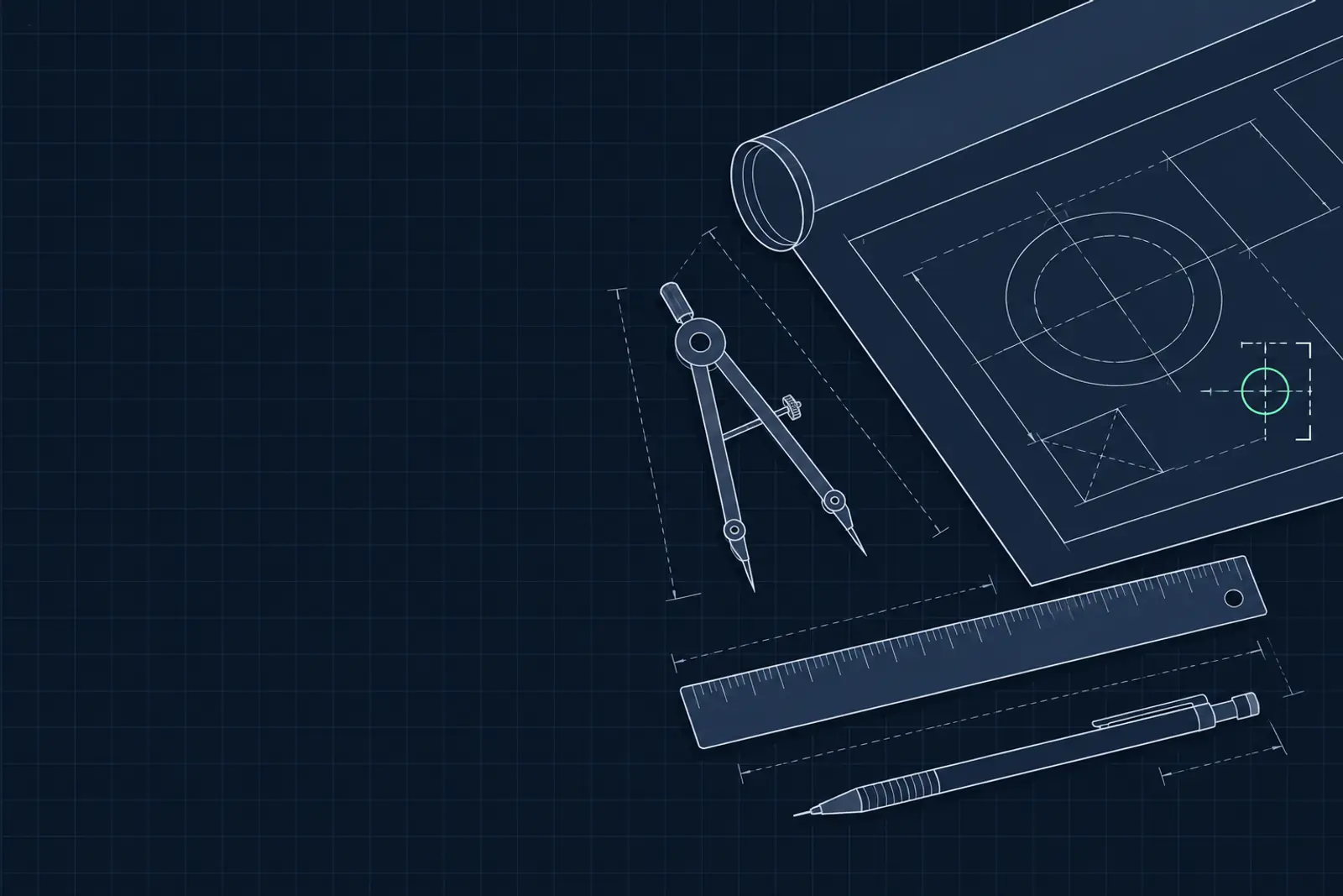 Illustratie van een tekentafel met een opgerolde technische tekening, een liniaal, een passer en een vulpotlood, in donker-technische stijl