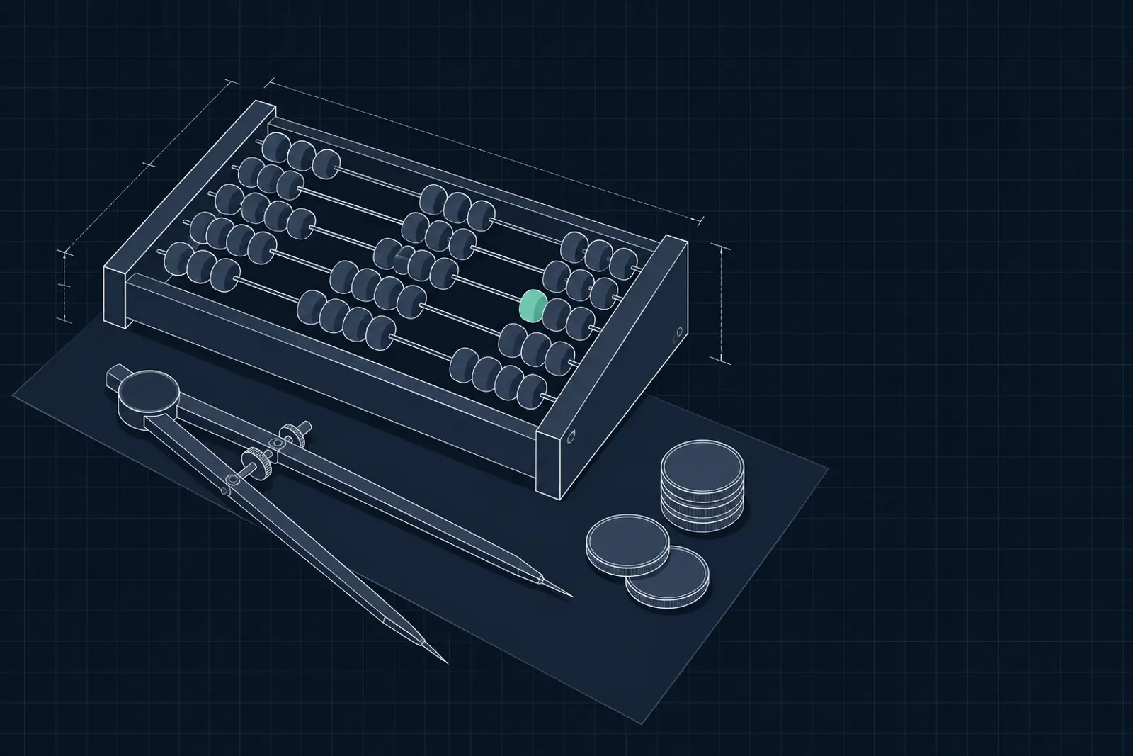 Illustratie van een telraam met ronde kralen, een passer en een stapeltje munten, in donker-technische stijl