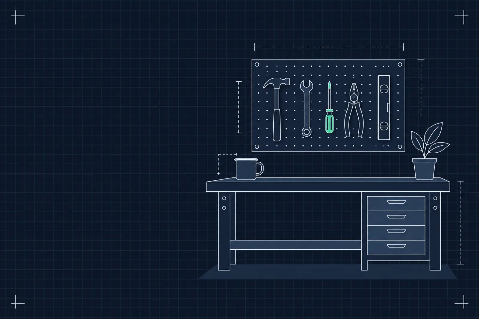 Illustratie van een gereedschapswand met een rij handgereedschap, een mok en een plantje op een werkbank, in donker-technische stijl